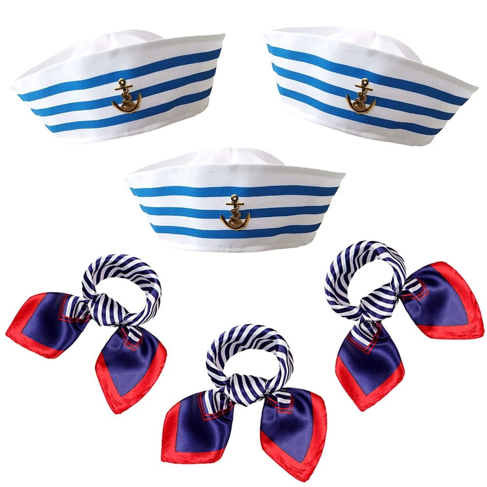 6312 6pcs White Sailor Hats And Scarf Bulk Navy Outfit Captain